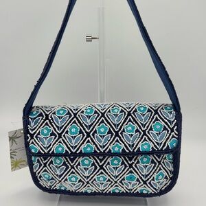 America & Beyond Beaded Flowers Shoulder Bag - Blue and White